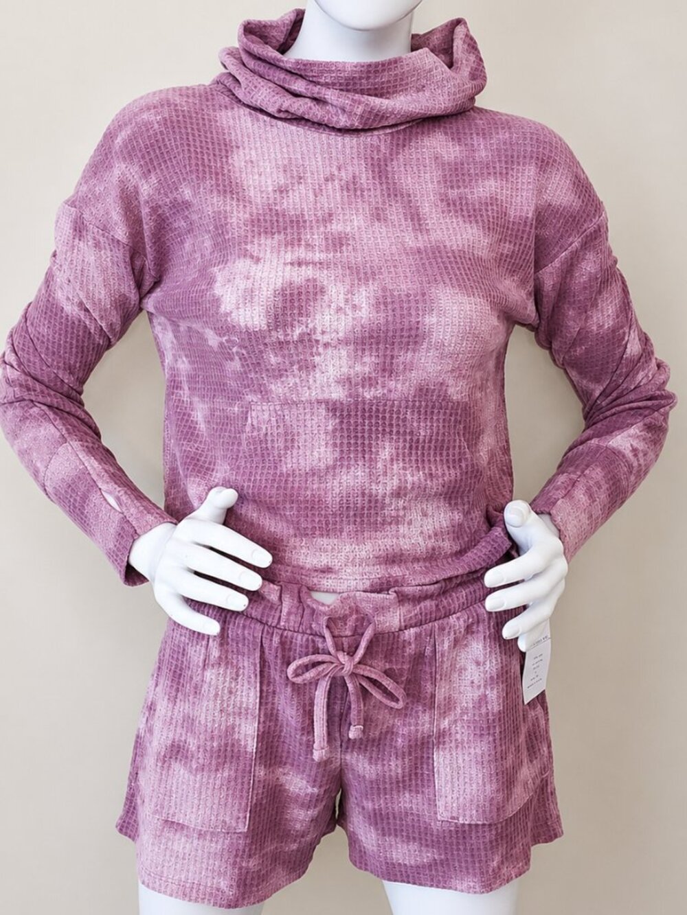 Pink Rose Cozie Beige/Mauve Tie-Dye Waffle Knit Cowl Neck Sweater Set SZ S